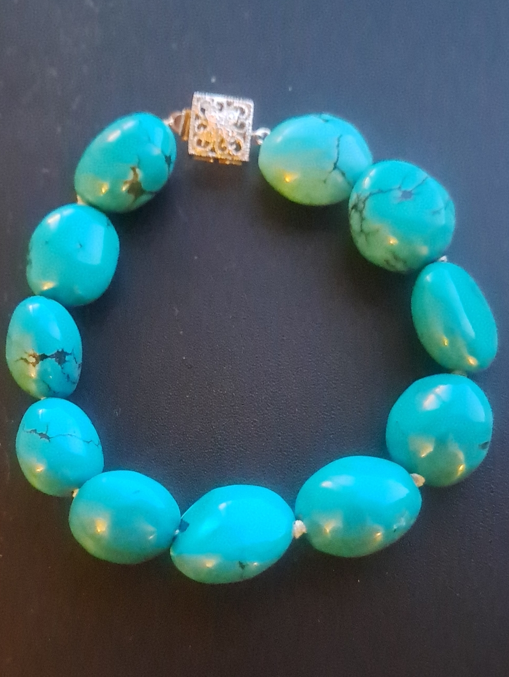Handmade Philipines Turquoise Bead  Bracelet With Sterling Silver Clasp Closure